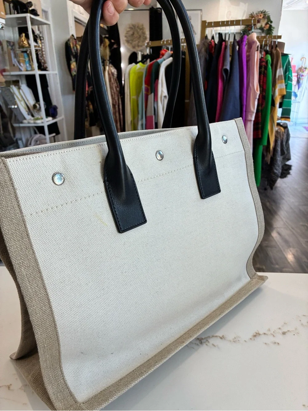 Saint Laurent Rive Gauche Canvas Tote in Ivory with Black Handles